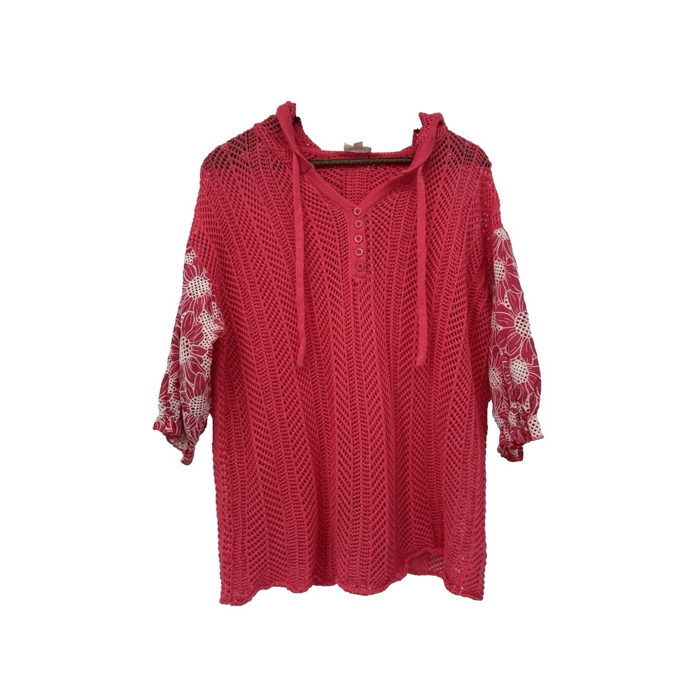 BIBI Santino Pointelle Hooded Open‎ Knit Top L beachy pink embroidered festival